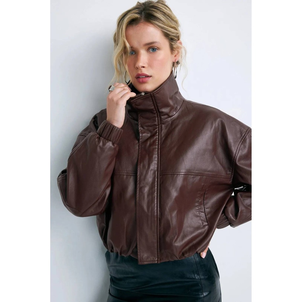 One of Others Fargo Faux Leather Bomber Jacket Burgundy Moto Zip Size 3 / L